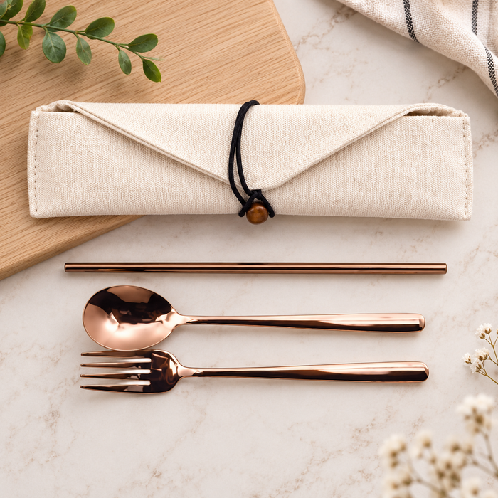 Rose Gold Stainless Steel Cutlery & Straw Set