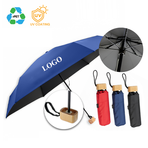 19" Compact Lightweight RPET UV Umbrella with Bamboo Handle