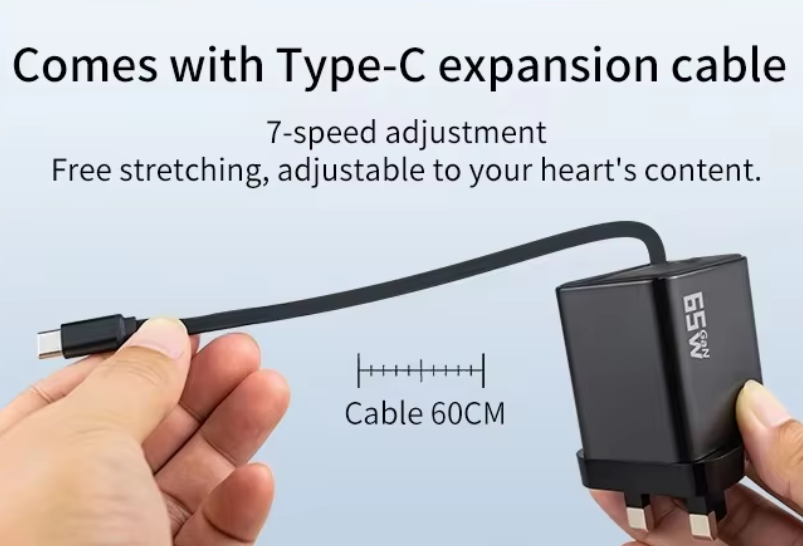 65W GaN Fast Charger with Retractable Cable