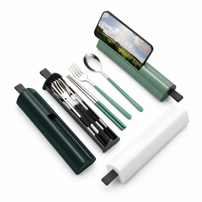 3-Piece Stainless Steel Cutlery Set with Phone Stand Case