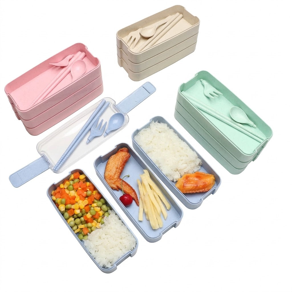 3-Tier Wheat Straw Lunch Box with Cutlery