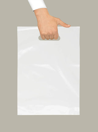 Purple Q Crafts Plastic Bag With Die Cut Handle 9" x 12" White Merchandise Bags 100 Pack for Retail, Gifts and Shows