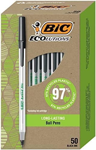 BIC Ecolutions Round Stic Ballpoint Pens, Medium Point (1.0mm), 50-Count Pack, Black Ink Pens Made from 97% Recycled Plastic