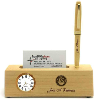 Personalized Solid Rosewood Business Card Holder with Clock and Ballpoint Pen