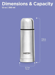 Milton Thermosteel Flip Lid Flask 350, Double Walled Vacuum Insulated Thermos 350 ml | 12 oz | 24 Hours Hot and Cold Water Bottle with Cover, 18/8 Stainless Steel, BPA Free, Leak-Proof | Silver