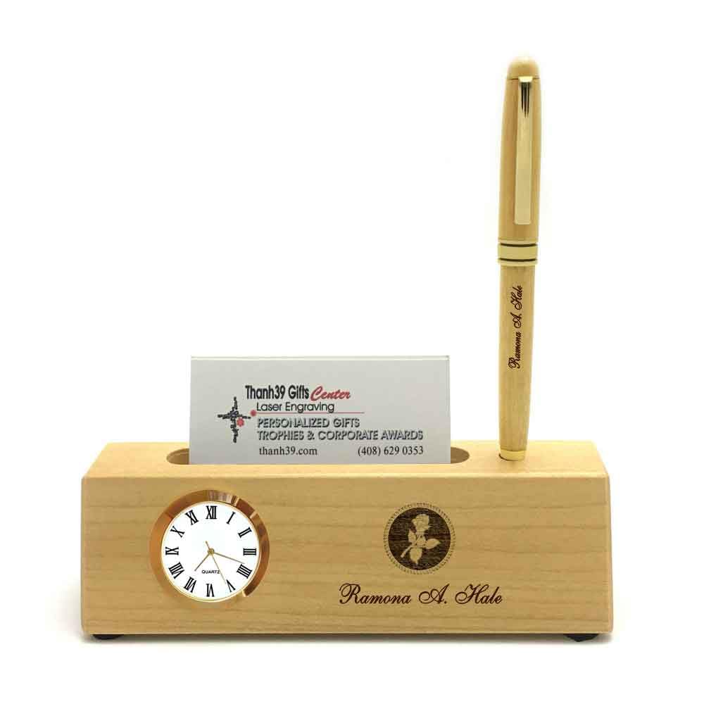Personalized Solid Rosewood Business Card Holder with Clock and Ballpoint Pen