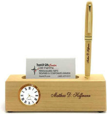 Personalized Solid Rosewood Business Card Holder with Clock and Ballpoint Pen