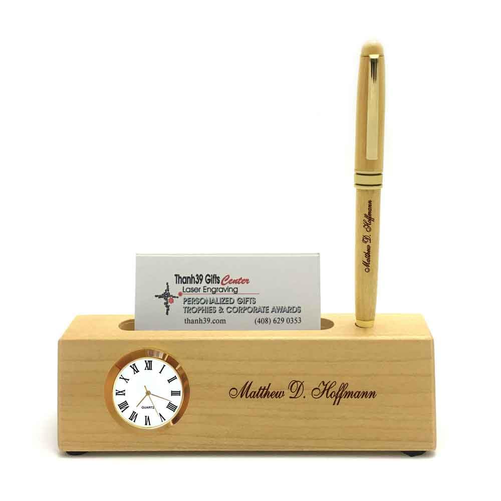 Personalized Solid Rosewood Business Card Holder with Clock and Ballpoint Pen