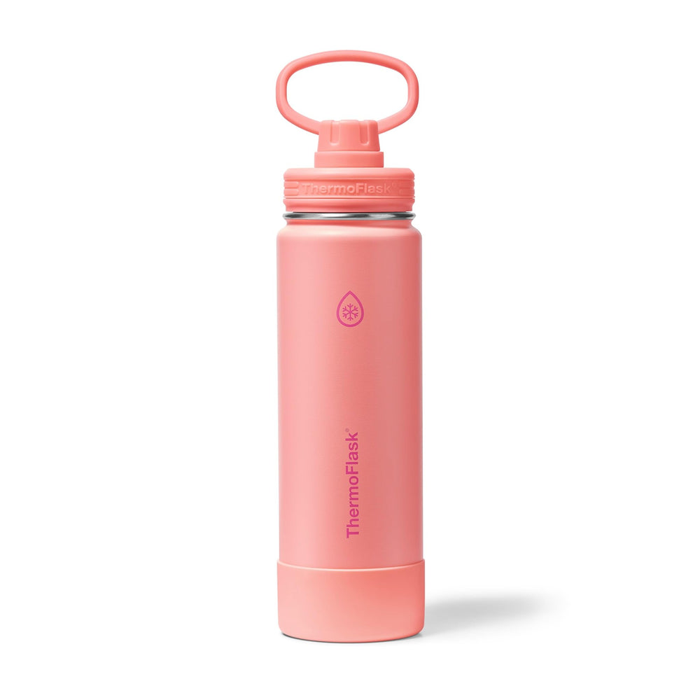 ThermoFlask Stainless Steel Water Bottles 2-Pack - Double-Wall Vacuum Insulated 24 oz BPA-Free Spout Lids - Keeps Drinks Cold 24 Hrs, Hot 12 Hrs - Leakproof, Dishwasher Safe, White/Coral