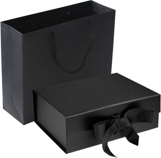 RUIFYRAY Black Luxury Magnetic Gift Box with Lid, Ribbons and Gift Bag, Medium Size-9.4x7x3 Inches, Great for Christmas, New Year, Wedding, Birthdays, Man