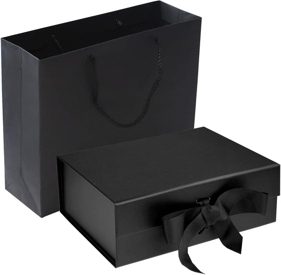 RUIFYRAY Black Luxury Magnetic Gift Box with Lid, Ribbons and Gift Bag, Medium Size-9.4x7x3 Inches, Great for Christmas, New Year, Wedding, Birthdays, Man