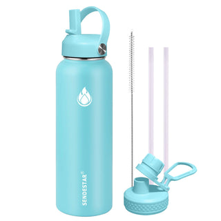 SENDESTAR Water Bottle 32oz Double Wall Vacuum Insulated Leak Proof Stainless Steel Sports Water Bottle—Wide Mouth with New Flex Straw Lid & Spout Lid (Deep Blue&Black)