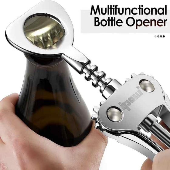 IPOW Wine Opener, Zinc Alloy Wine Bottle Opener, Wing Corkscrew Heavy Duty, Manual Multifunctional Cork Screw for Waiter, Silver - hover image