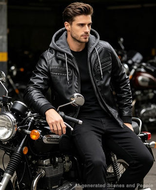 INVACHI Men's Leather Jacket Motorcycle Bomber Jacket Windproof PU Vintage Jacket with Removable Hood