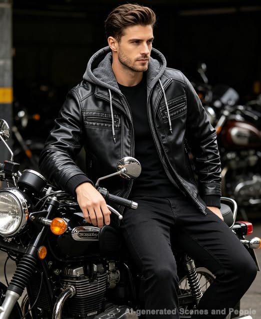 INVACHI Men's Leather Jacket Motorcycle Bomber Jacket Windproof PU Vintage Jacket with Removable Hood - hover image