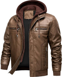 INVACHI Men's Leather Jacket Motorcycle Bomber Jacket Windproof PU Vintage Jacket with Removable Hood