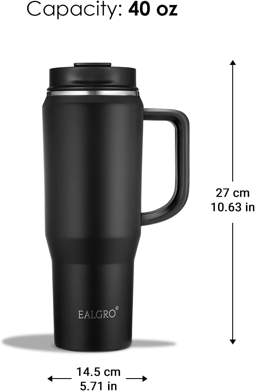 EALGRO 40 oz Tumbler with Handle, Insulated Tumblers with Lid and Straw, Large Metal Sports Water Bottle Jug, Thermal Stainless Steel Travel Coffee Mug Cup, Black