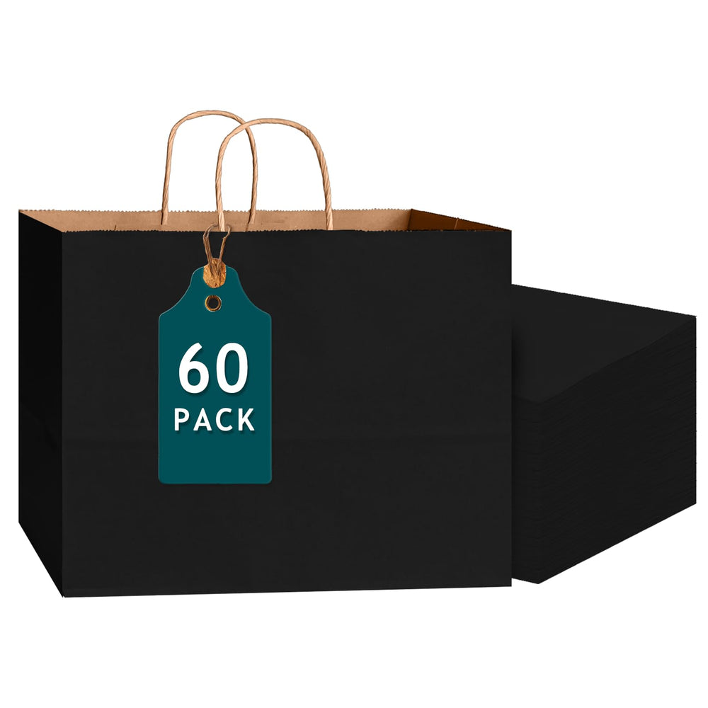 Bakepacker 100-Pack Wide Large Size Paper Bags With Handles Bulk 12.6"x4.3"x10" Black Party Kraft Shopping Bags