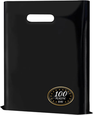 GoClimber 100 Pack Black Plastic Bags, 9"x12" Merchandise Bags With Die Cut Handles Retail Shopping Bags for Small Business Boutique Stores Gifts