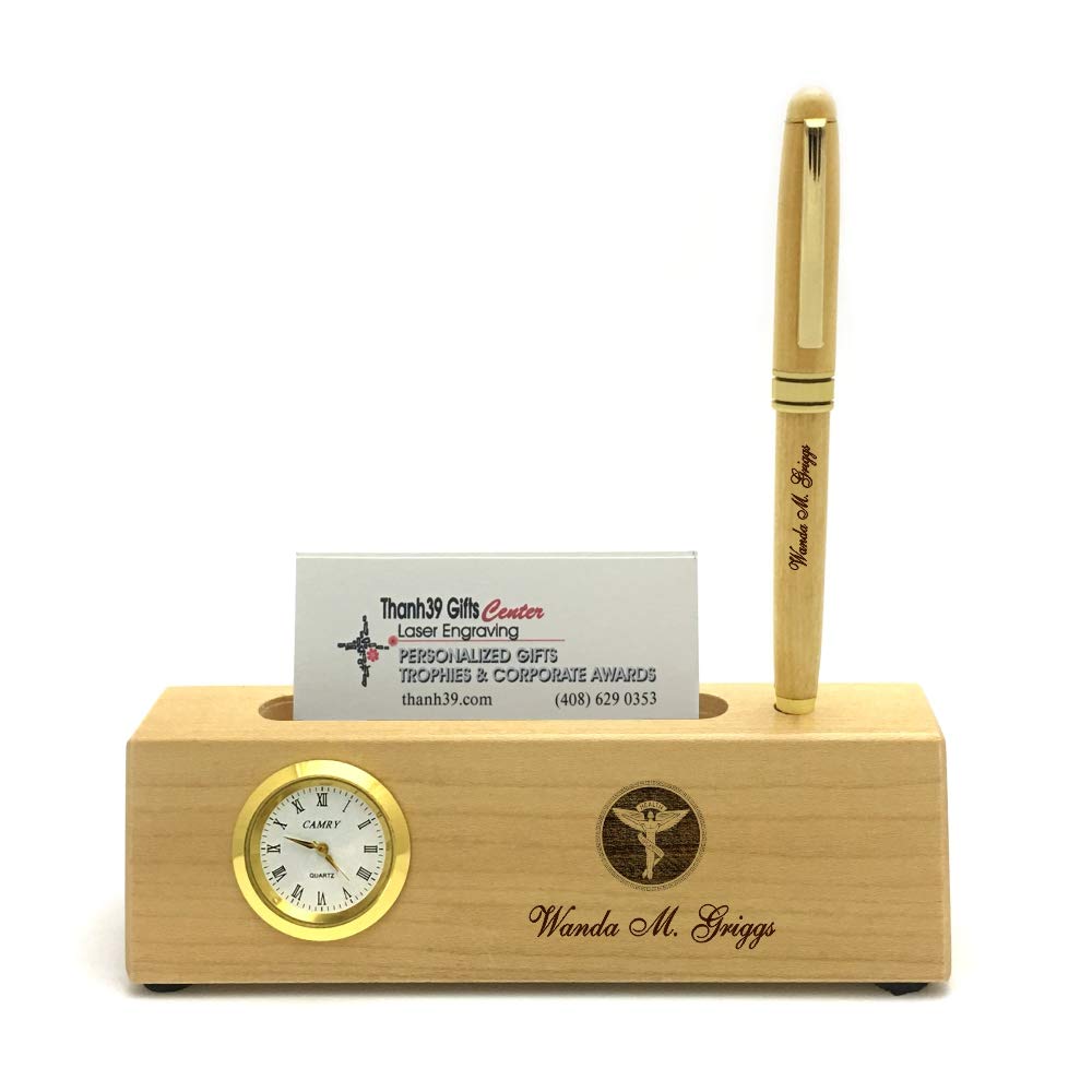 Personalized Solid Rosewood Business Card Holder with Clock and Ballpoint Pen