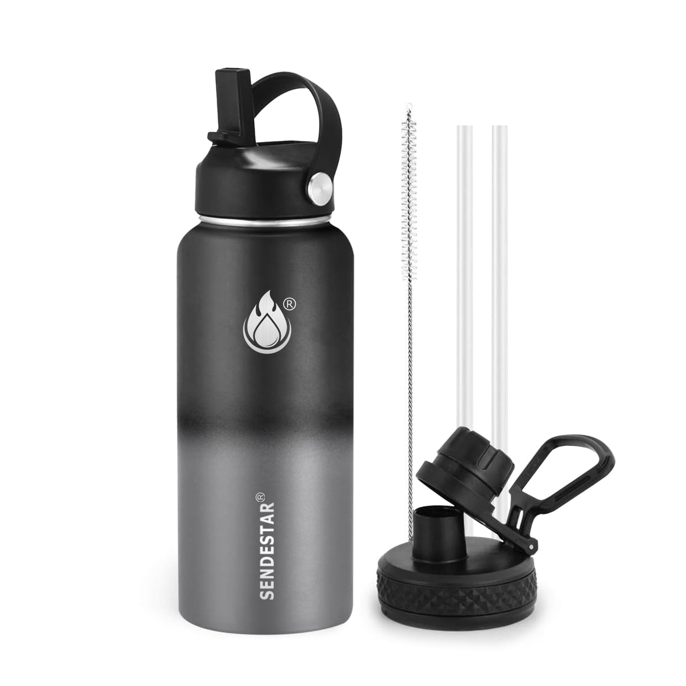 SENDESTAR Water Bottle 32oz Double Wall Vacuum Insulated Leak Proof Stainless Steel Sports Water Bottle—Wide Mouth with New Flex Straw Lid & Spout Lid (Deep Blue&Black)
