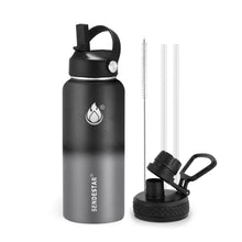 SENDESTAR Water Bottle 32oz Double Wall Vacuum Insulated Leak Proof Stainless Steel Sports Water Bottle—Wide Mouth with New Flex Straw Lid & Spout Lid (Deep Blue&Black)