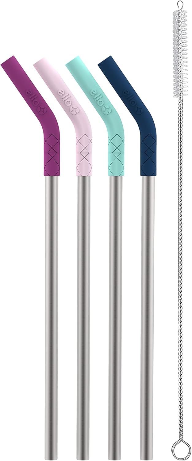 Ello Impact 8 Pack Reusable Plastic Straws, Dishwasher Safe, BPA-Free with Cleaning Brush,Rosewater