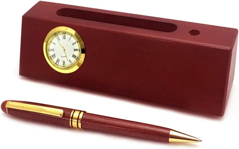 Personalized Solid Rosewood Business Card Holder with Clock and Ballpoint Pen