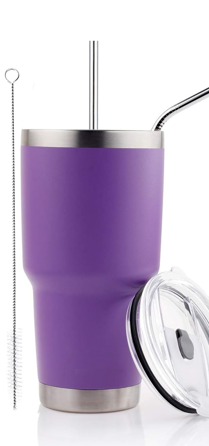 D·S 30oz Blue Tumbler Stainless Steel Double Wall Vacuum Insulated Mug with Straw and Lid, Cleaning Brush for Cold and Hot Beverages