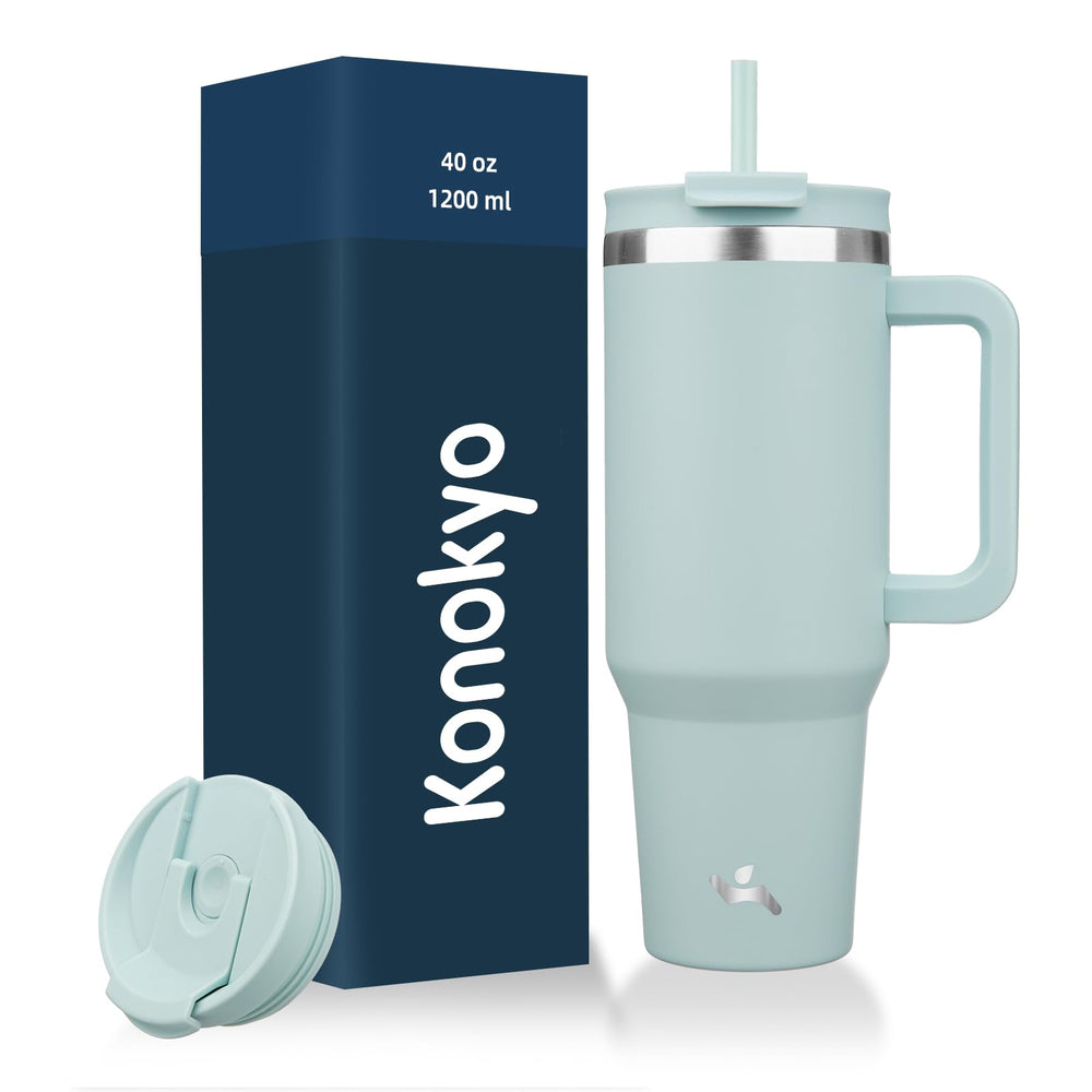 Konokyo 40 oz Tumbler with Handle and 2 Straws,2 in 1 Lid Insulated Water Bottle Stainless Steel Travel Coffee Mug,Mint