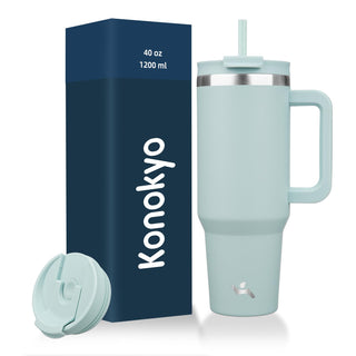 Konokyo 40 oz Tumbler with Handle and 2 Straws,2 in 1 Lid Insulated Water Bottle Stainless Steel Travel Coffee Mug,Mint