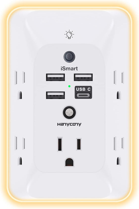 Outlet Extender with Night Light, HANYCONY Multi Plug Outlet, USB Wall Charger Surge Protector 4 USB Ports(1 USB C), Power Strip Electrical Outlet Splitter Expander for Home Office Dorm Room, ETL