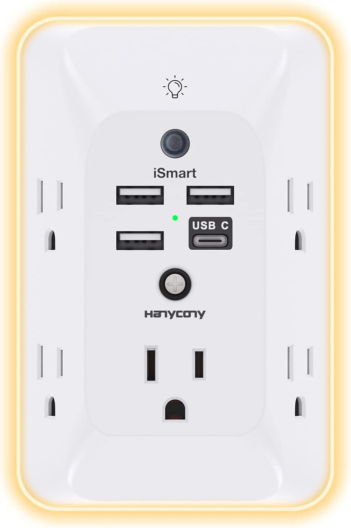 Outlet Extender with Night Light, HANYCONY Multi Plug Outlet, USB Wall Charger Surge Protector 4 USB Ports(1 USB C), Power Strip Electrical Outlet Splitter Expander for Home Office Dorm Room, ETL