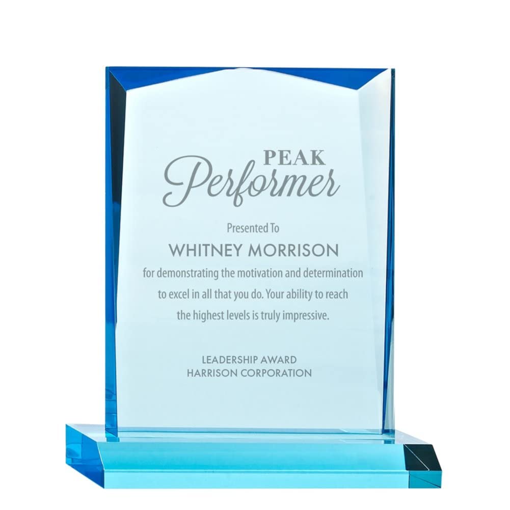 Engraved Trophy - Sky Blue Acrylic - Award for Employees - Personalized Engraving Up to Three Lines and Pre-Written Verse Selection