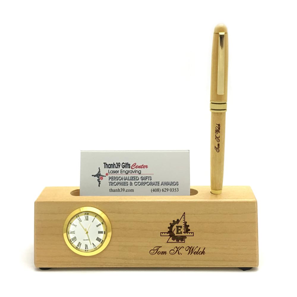 Personalized Solid Rosewood Business Card Holder with Clock and Ballpoint Pen