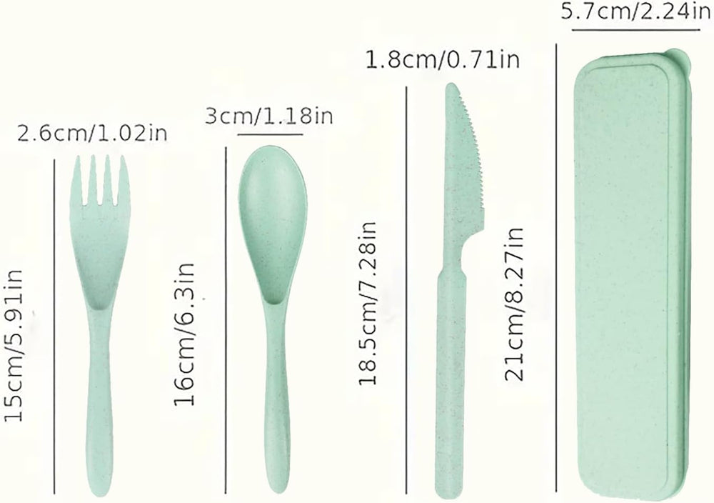 Reusable Wheat Straw Utensil Set 3-in-1 Portable Travel Cutlery Kit with Knife Fork Spoon in Compact Case for Camping and Everyday Use, Green