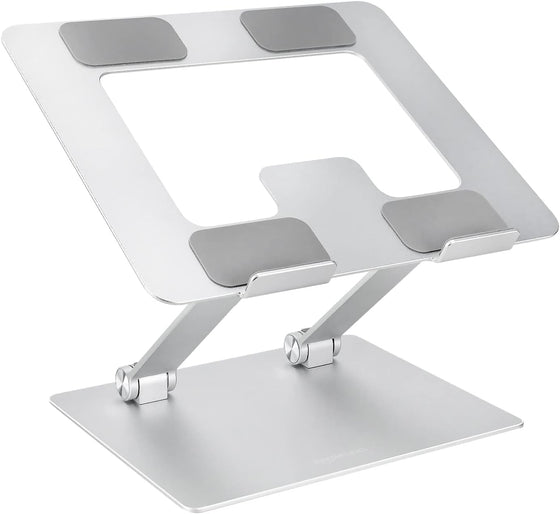 Amazon Basics Sturdy and Portable Ergonomic Laptop Stand for Desk, Height Adjustable Riser with Ventilated Cooling, Foldable, Fits all Laptops up to 15.6 Inch, Silver