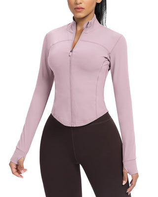 AVGO Women's Cropped Running Workout Jackets Zip Slim Fit Athletic Tops with Thumb Holes
