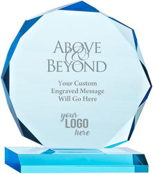 Engraved Trophy - Sky Blue Acrylic - Award for Employees - Personalized Engraving Up to Three Lines and Pre-Written Verse Selection