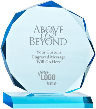 Engraved Trophy - Sky Blue Acrylic - Award for Employees - Personalized Engraving Up to Three Lines and Pre-Written Verse Selection
