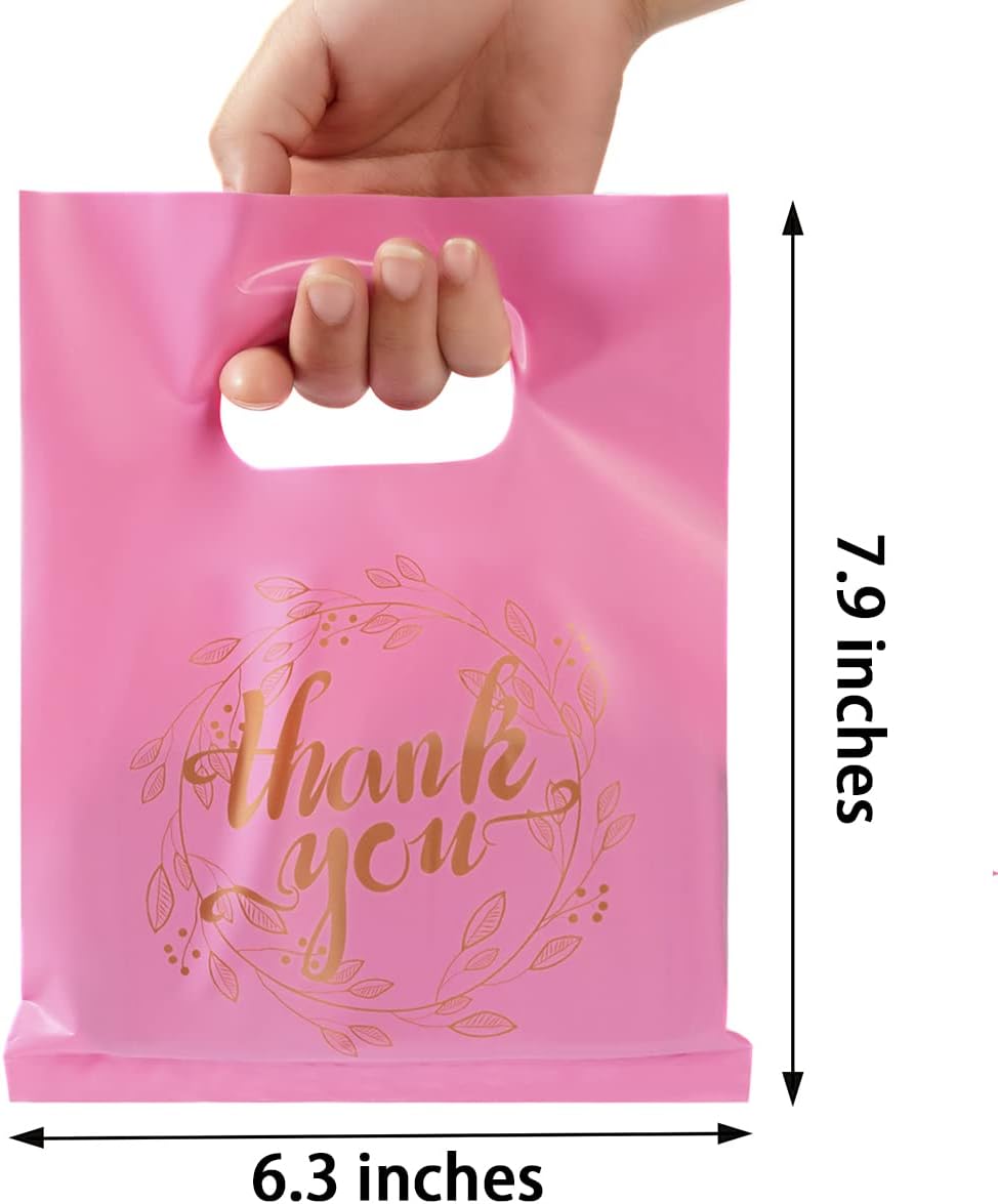 Wishop 100 Pieces Pink Thank You Merchandise Bags Party Gift Bags Candy Bags for Boutique, Retail, Gift Bags, Clothes, Party Favors (Pink/Gold, 6.3x7.9 Inches)