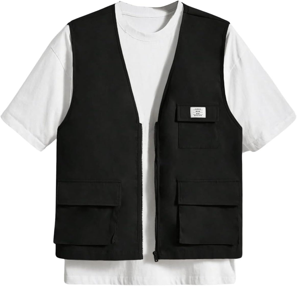 OYOANGLE Men's Sleeveless V Neck Zip Up Cargo Vest Letter Patched Flap Pocket Vest Coat Outerwear