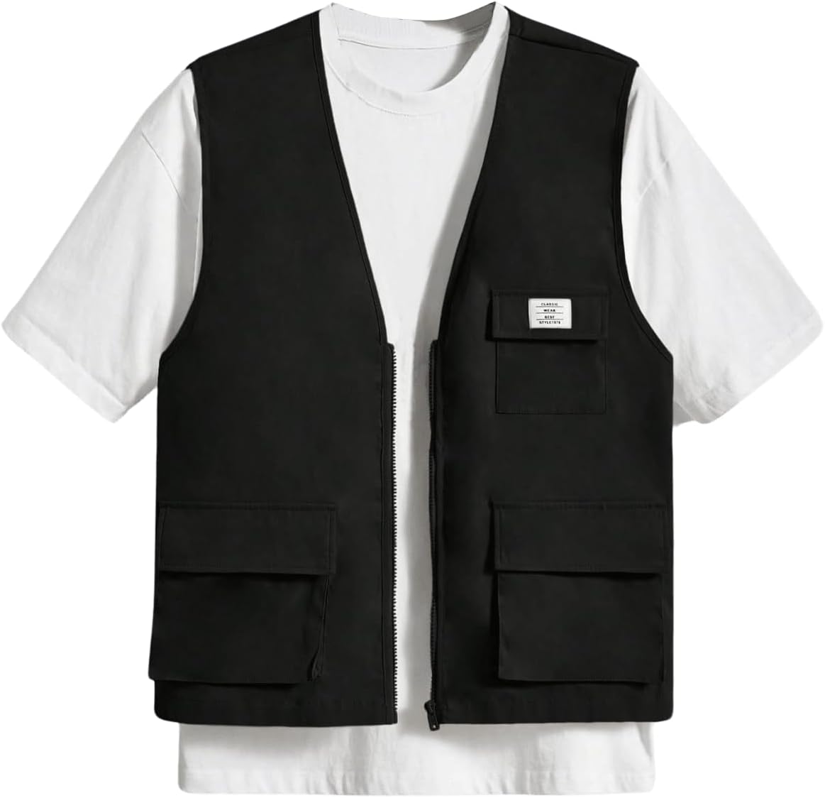 OYOANGLE Men's Sleeveless V Neck Zip Up Cargo Vest Letter Patched Flap Pocket Vest Coat Outerwear