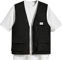 OYOANGLE Men's Sleeveless V Neck Zip Up Cargo Vest Letter Patched Flap Pocket Vest Coat Outerwear