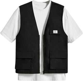 OYOANGLE Men's Sleeveless V Neck Zip Up Cargo Vest Letter Patched Flap Pocket Vest Coat Outerwear