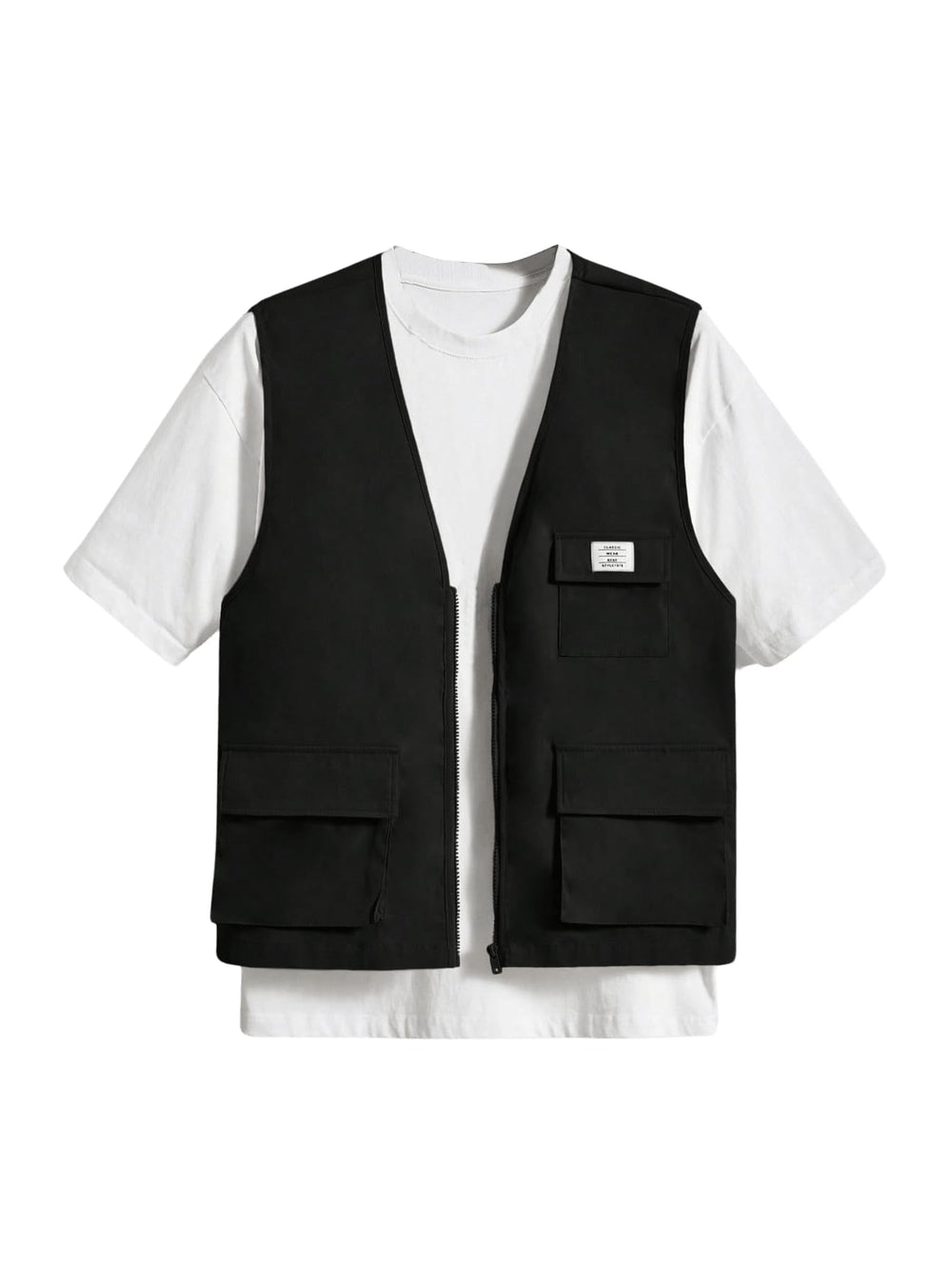 OYOANGLE Men's Sleeveless V Neck Zip Up Cargo Vest Letter Patched Flap Pocket Vest Coat Outerwear