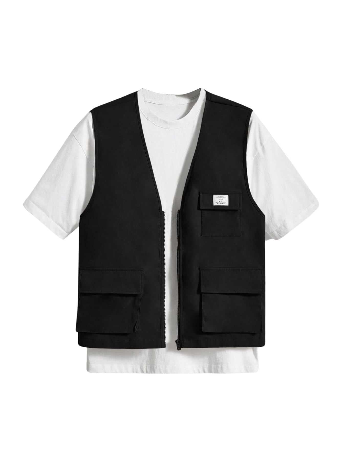 OYOANGLE Men's Sleeveless V Neck Zip Up Cargo Vest Letter Patched Flap Pocket Vest Coat Outerwear