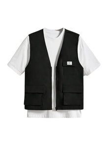 OYOANGLE Men's Sleeveless V Neck Zip Up Cargo Vest Letter Patched Flap Pocket Vest Coat Outerwear