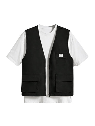 OYOANGLE Men's Sleeveless V Neck Zip Up Cargo Vest Letter Patched Flap Pocket Vest Coat Outerwear