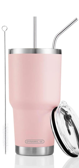 D·S 30oz Blue Tumbler Stainless Steel Double Wall Vacuum Insulated Mug with Straw and Lid, Cleaning Brush for Cold and Hot Beverages